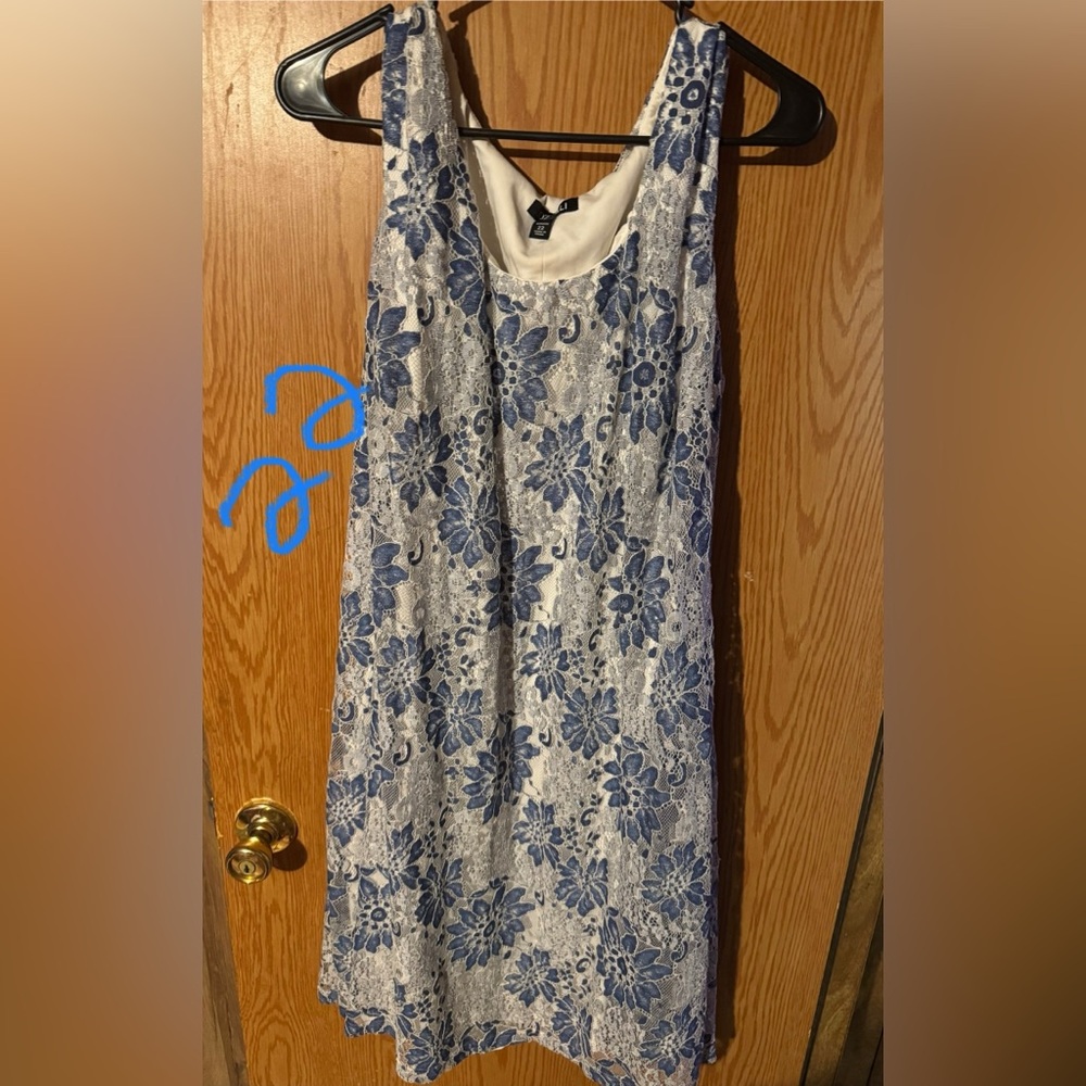 Floral Lace Sleeveless Dress - Blue and White